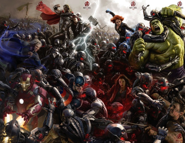 A poster from Avengers: Age of Ultron, with the Avenger team fighting hundreds of Ultron robots.