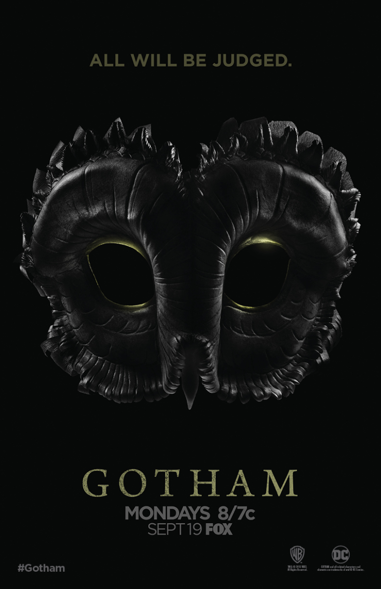An Owl mask with the phrase "All Will Be Judged" above it. It's a Gotham announcement poster.