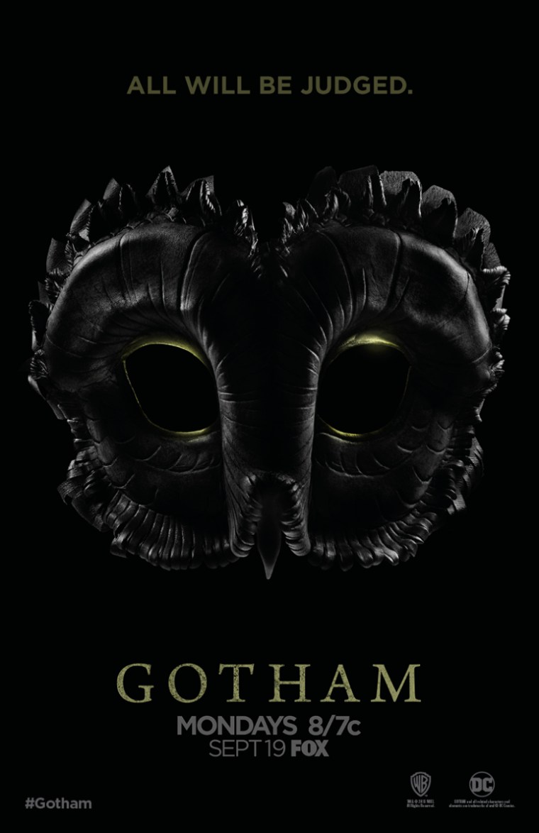 An Owl mask with the phrase "All Will Be Judged" above it. It's a Gotham announcement poster.