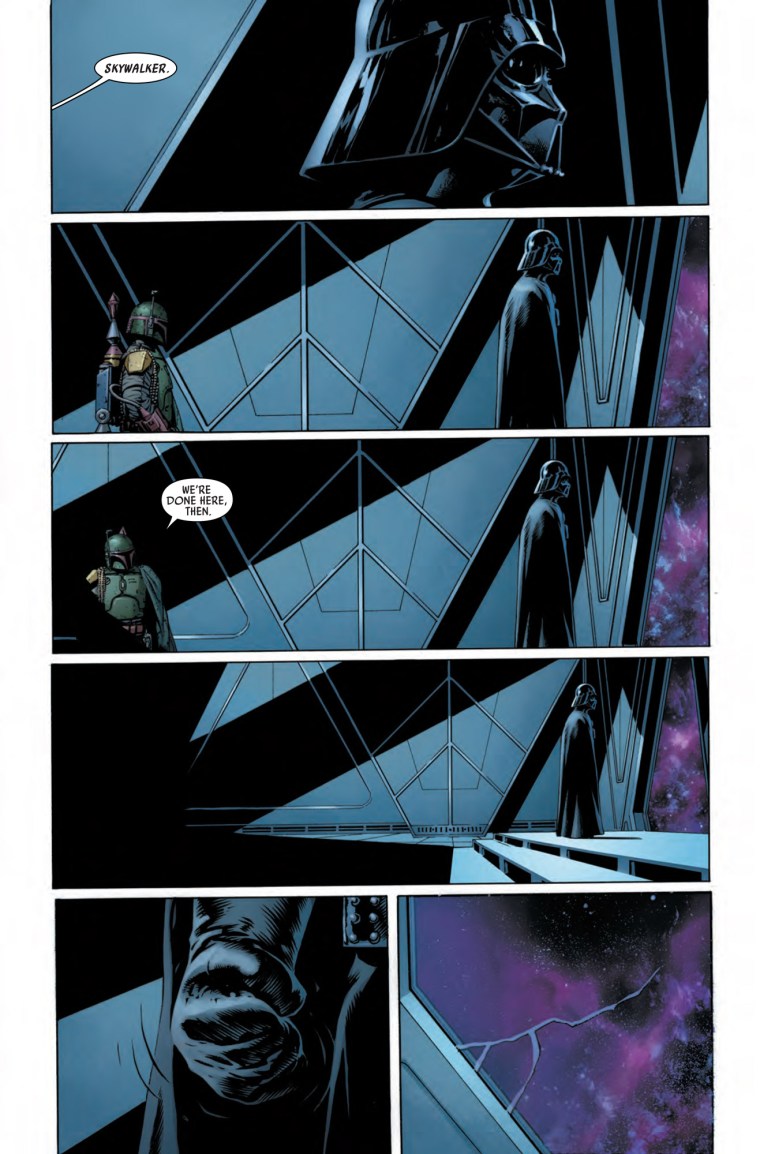 Next panels of comic, Vader seems to not react to the news of the name Skywalker. Boba Fett leaves, and Vader squeezes his fist cracking the glass protecting him from space.