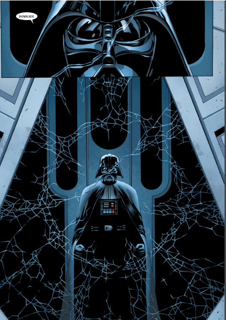 More panels of the comic, Vader says "Skywalker" and peers through the window that he's just cracked.