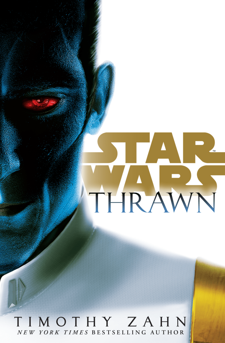 The cover of Timothy Zahn's Star Wars novel "Thrawn" with a picture of the blue skinned, red eyed Admiral Thrawn looking at the reader.