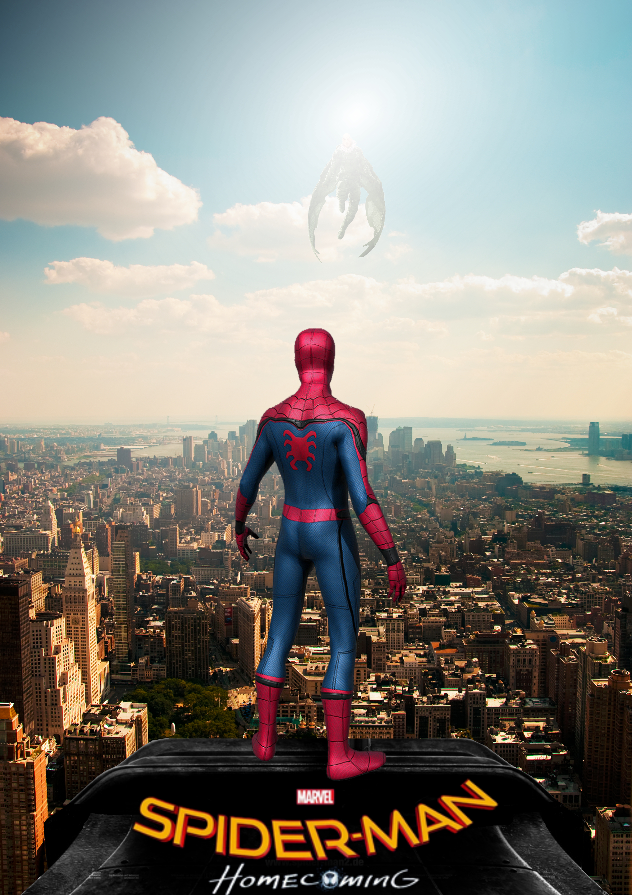The poster for Spider-Man: Homecoming. Spider-man stands on the ledge of a tall building overlooking New York City, with Vulture floating among the clouds, nearly blocked out by the sun.