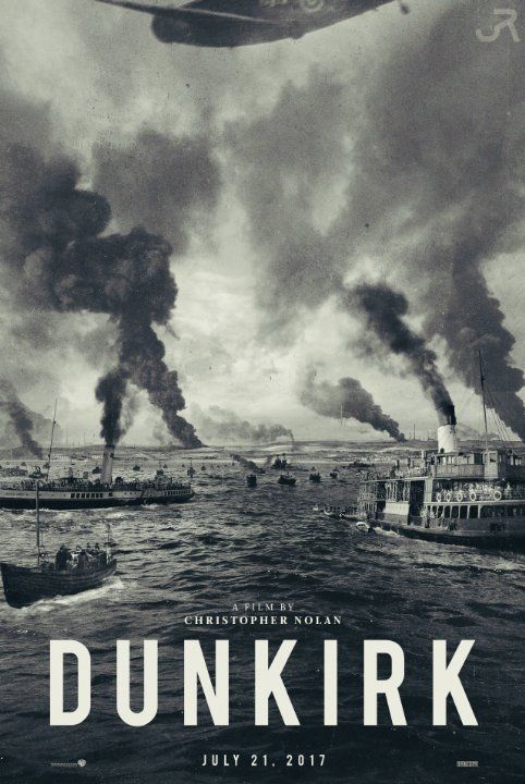 The poster for the film Dunkirk, showing several boats and ship smoking.