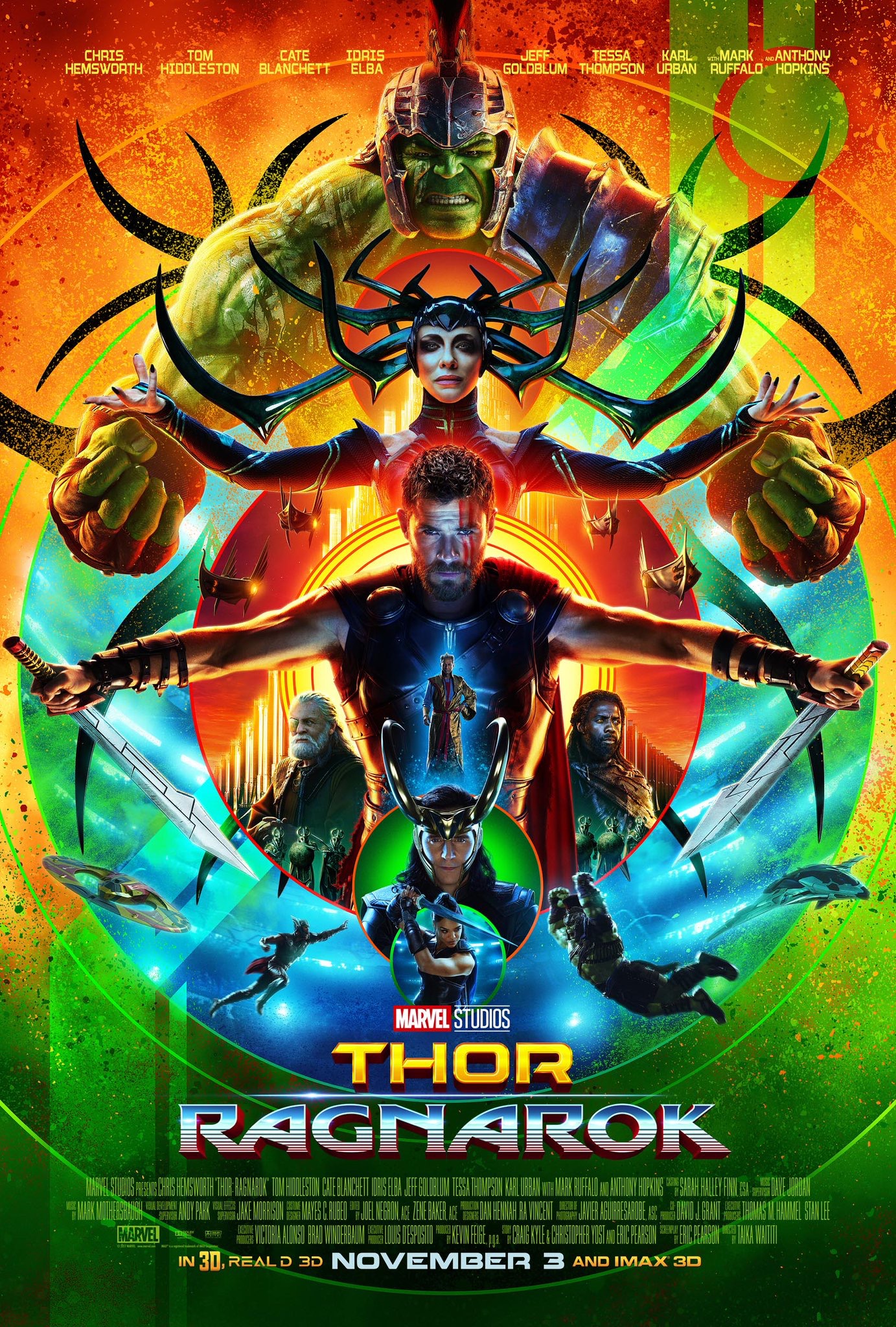 The Thor: Ragnarok poster, showing Hulk in gladiator armor, Hela, Thor, Loki, Odin, and Valkerie in a psychadelic color scheme.