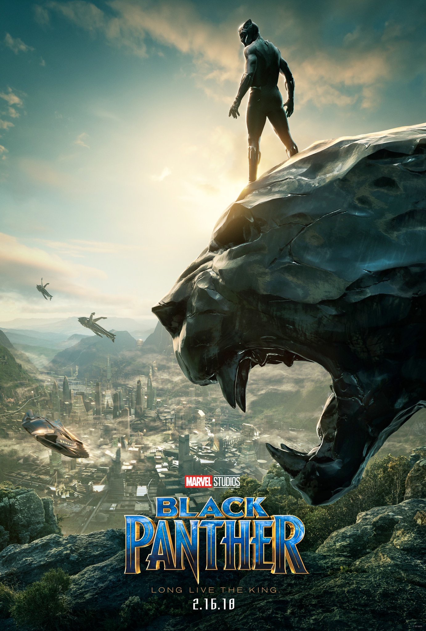 The Black Panther poster. Black Panther standing on a stone panther head overlooking Wakanda, with ships flying in.