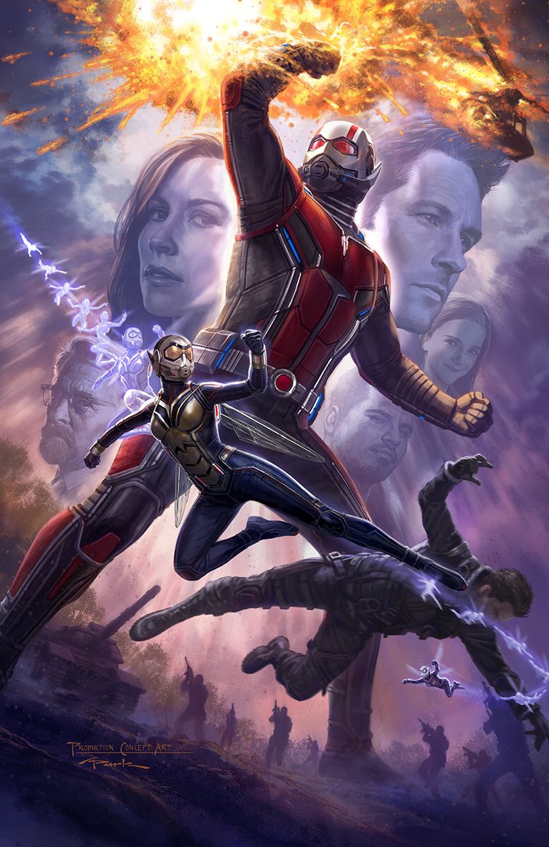 The Ant-Man and the Wasp poster showing both characters in and out of costume, with a helicopter exploding in the air, and the supporting cast  in smaller frame.