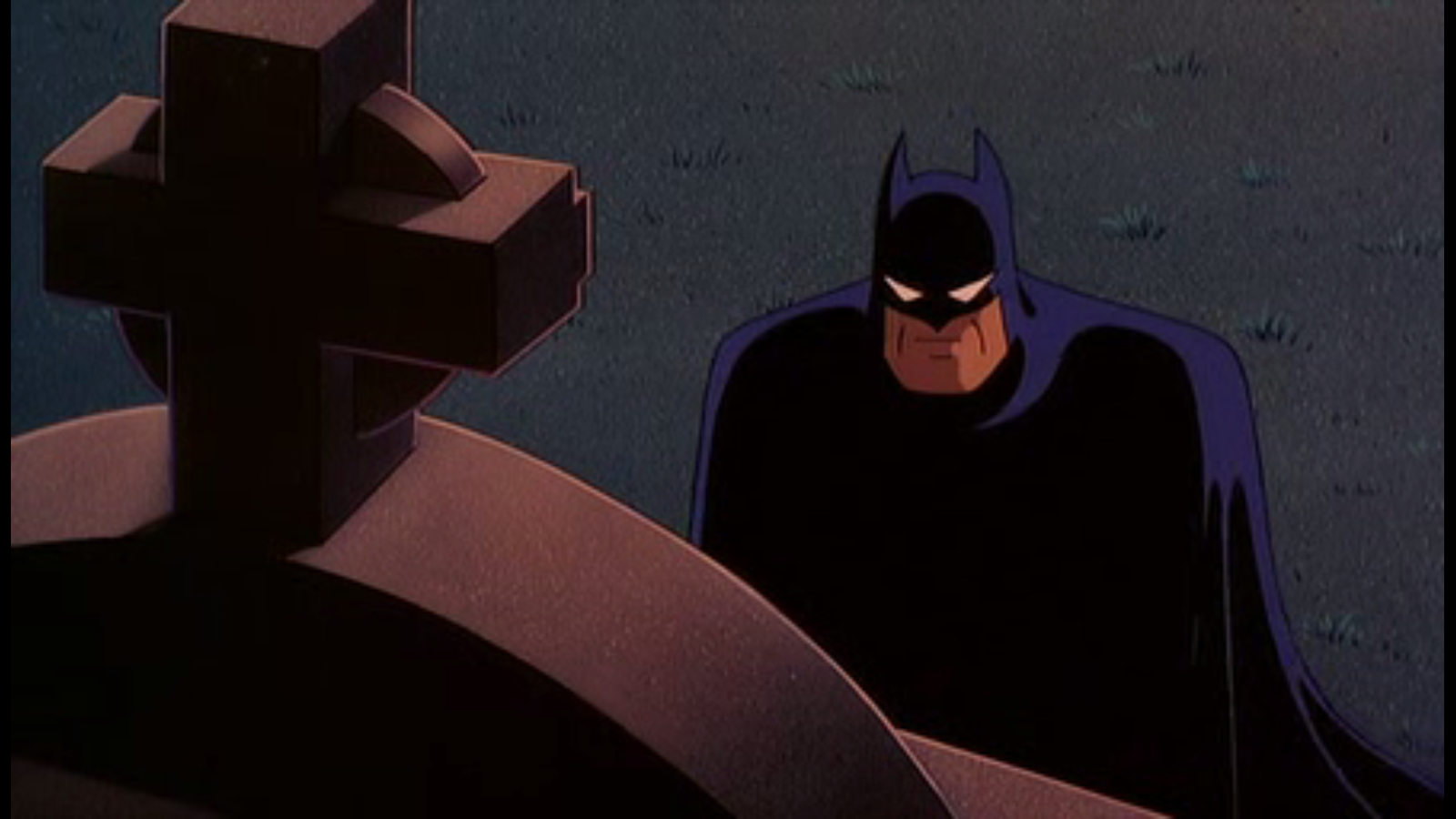 Batman kneeling at a gravestone, from Batman The Animated Series.
