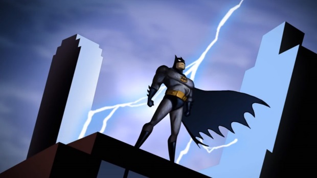 Picture of Batman standing on a building with lightning behind him from Batman The Animated Series.
