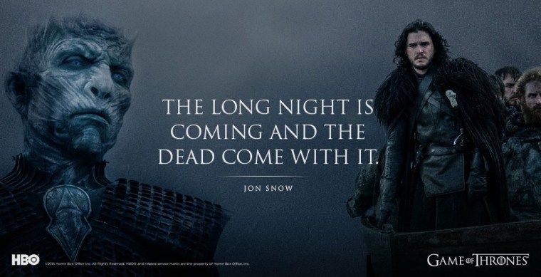 The Night King across from Jon Snow, with the quote "The long night is coming and the dead come with it." -Jon Snow